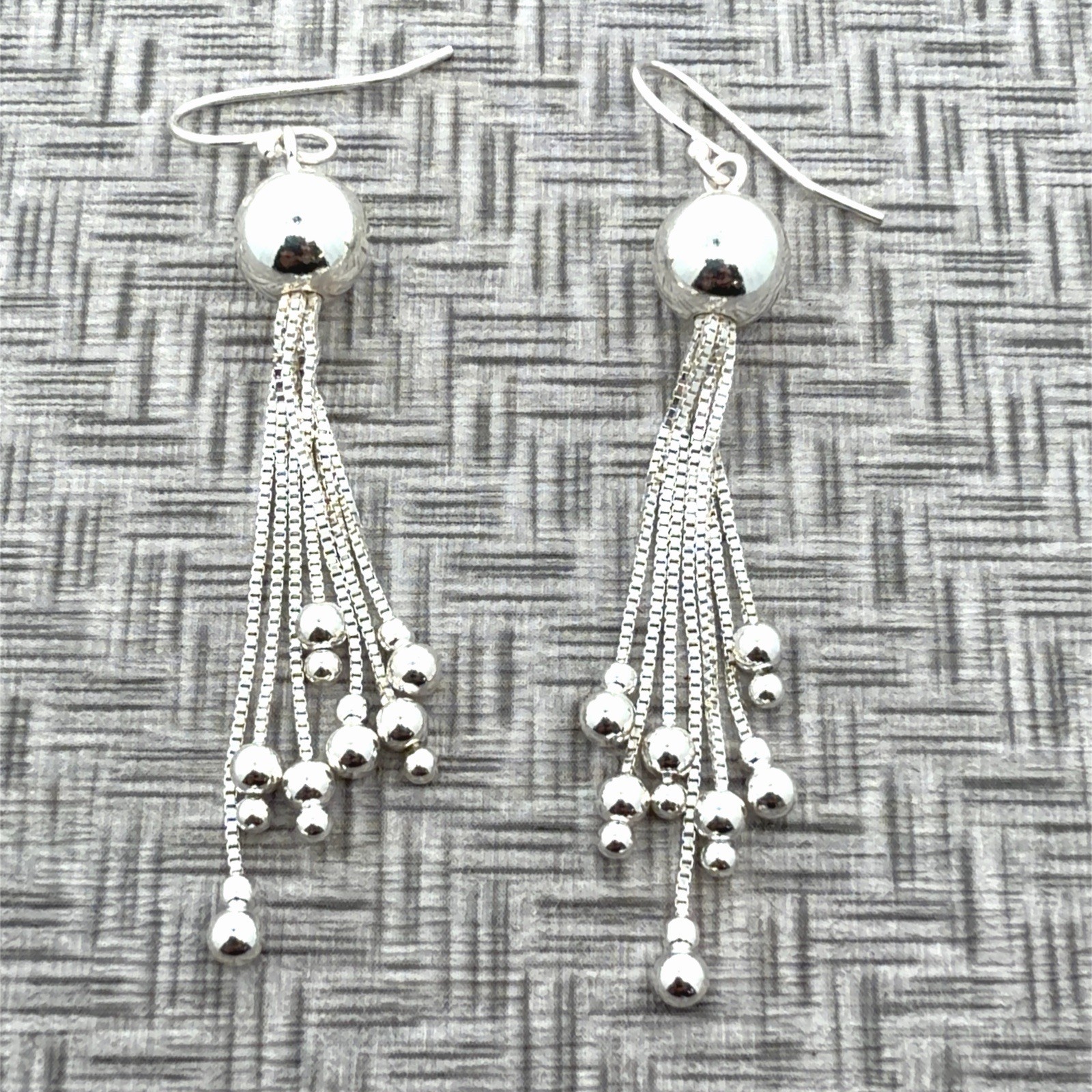 925 Sterling Silver Multiball Drop Hook With Tassel Design Earrings 4.2g