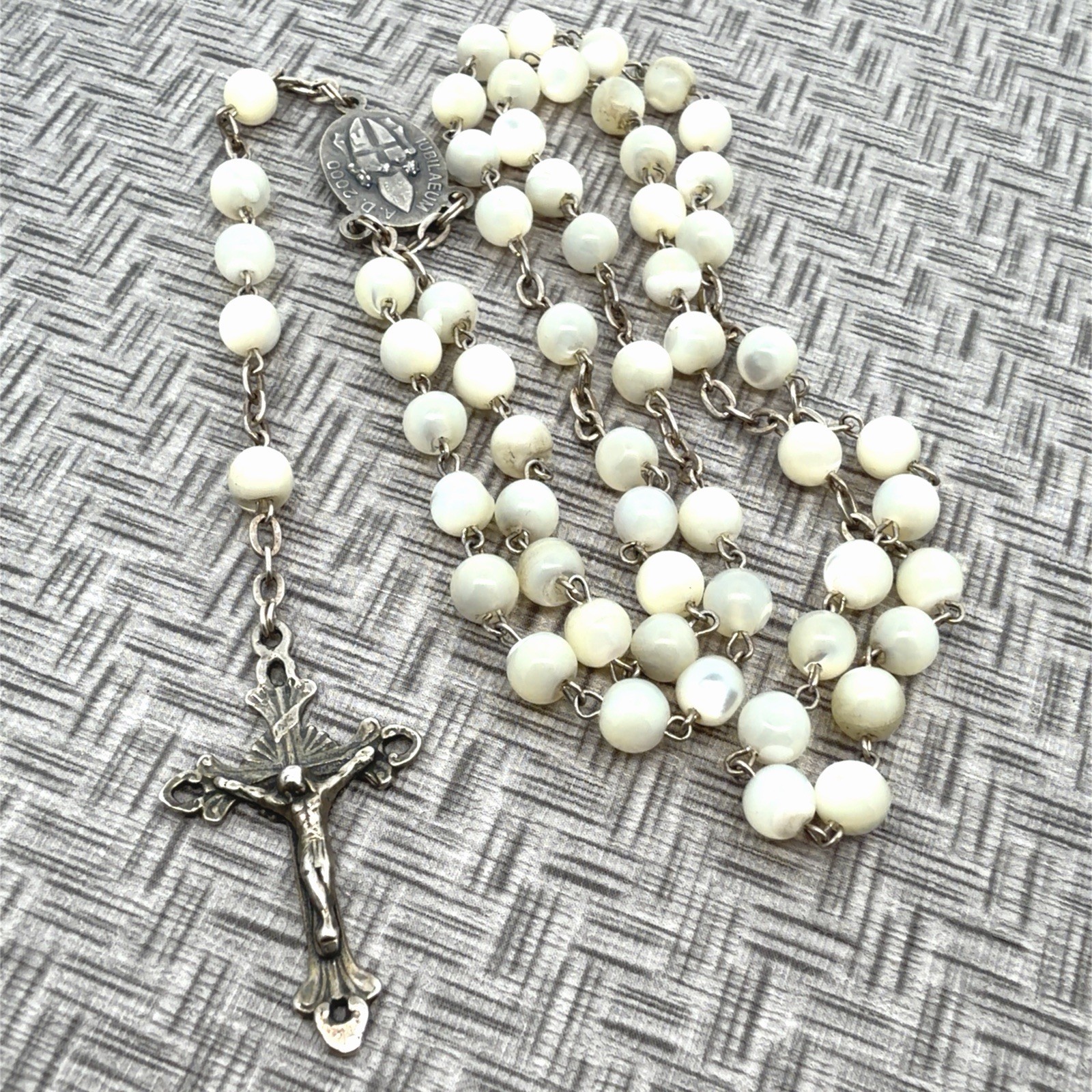 800 Silver Cat’s Eye Beads 1950’s Chain With 925 Silver Rosary Necklace 16.2g