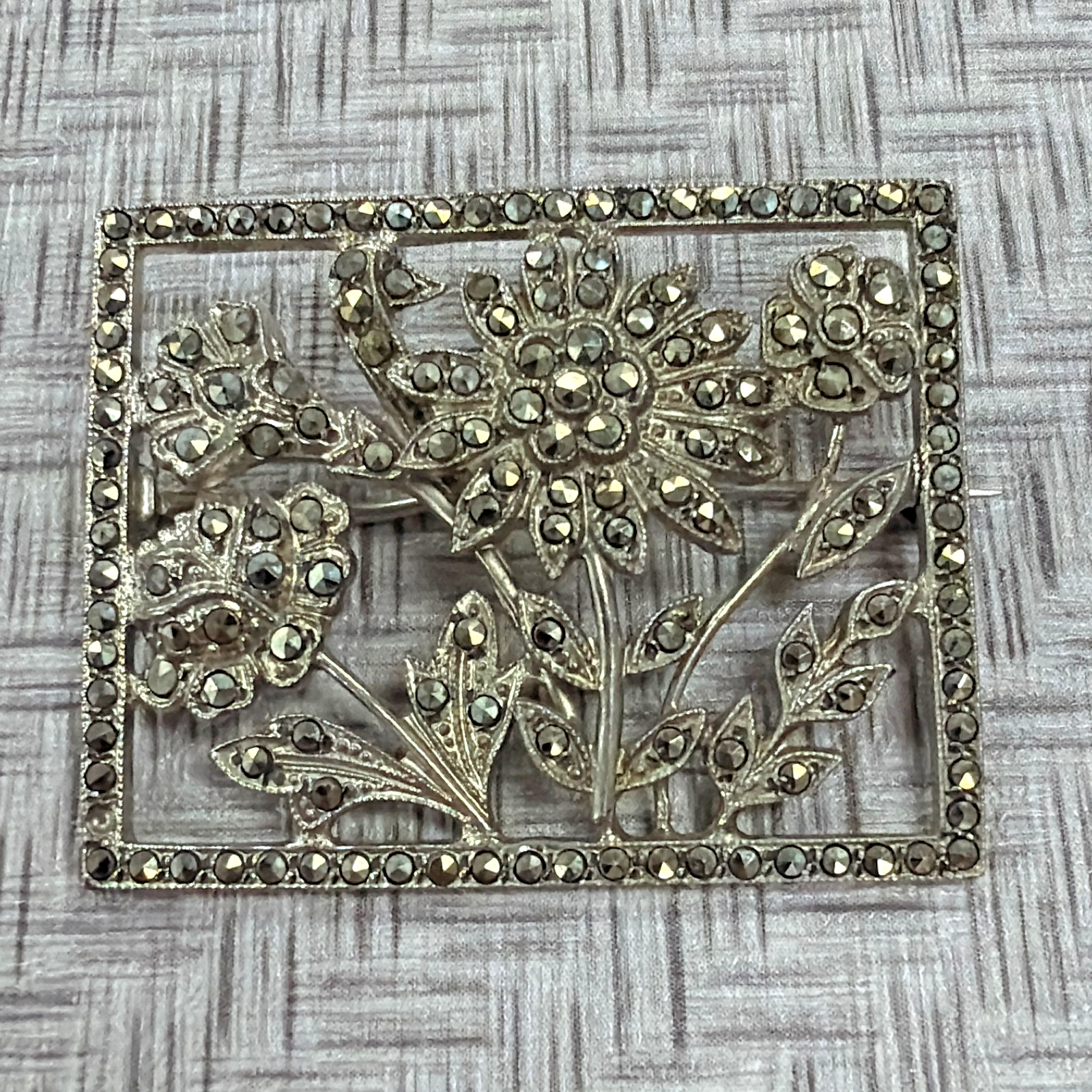 925 Sterling Silver Antique Marcasite Picture Frame Flower Brooch/Pin 10.3 grams