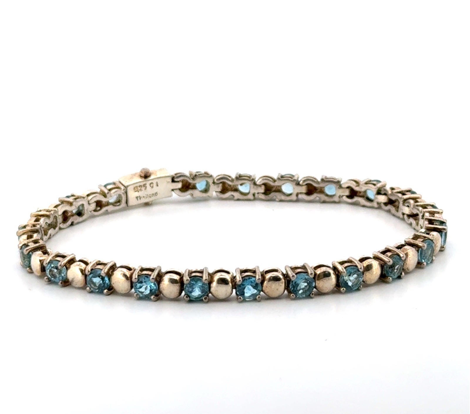 7” Thailand 925 Sterling Silver Blue Topaz Tennis Bracelet 14.3g