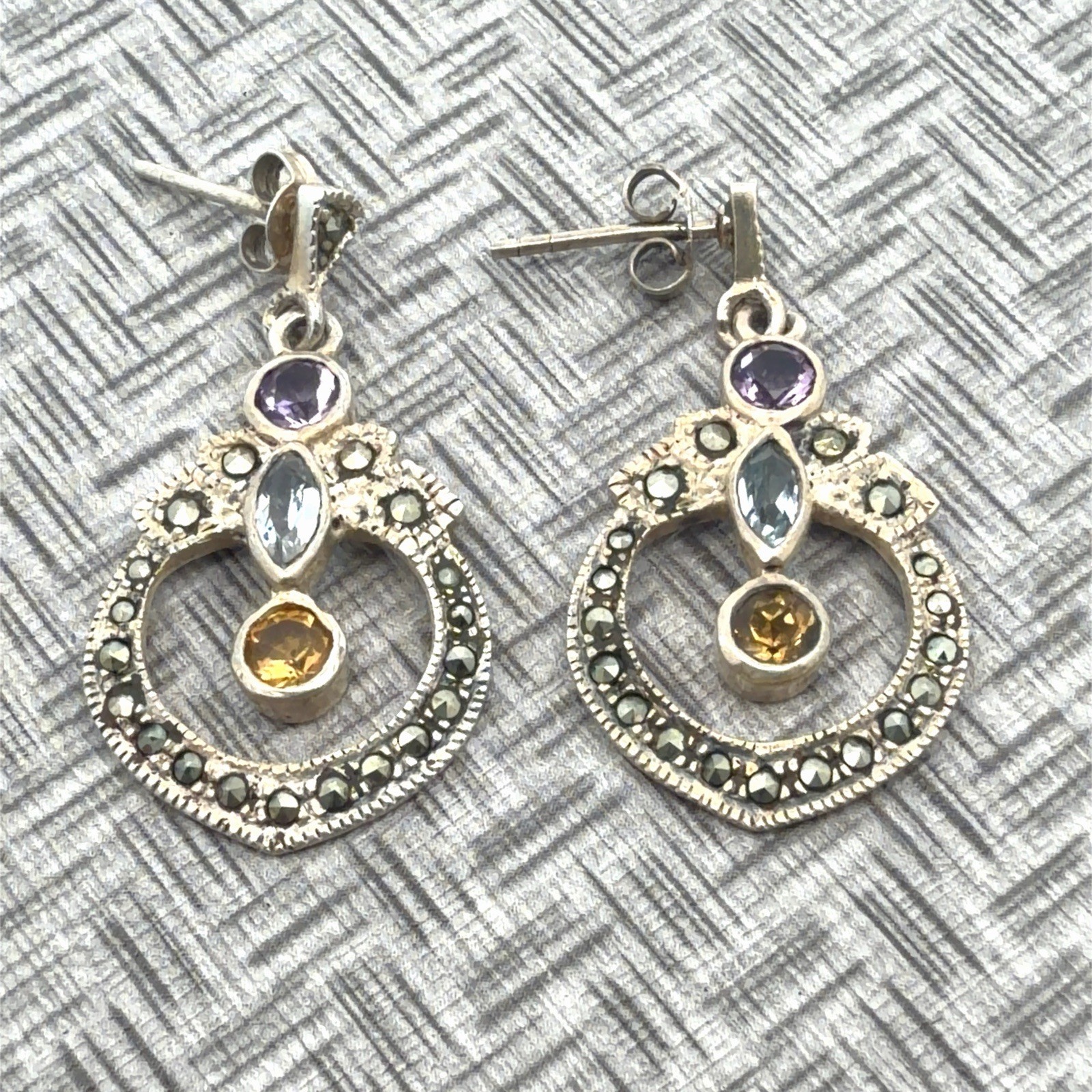 925 Sterling Silver Amethyst, Citrine, Blue Topaz Bezel Set Drop Earrings 6.1g
