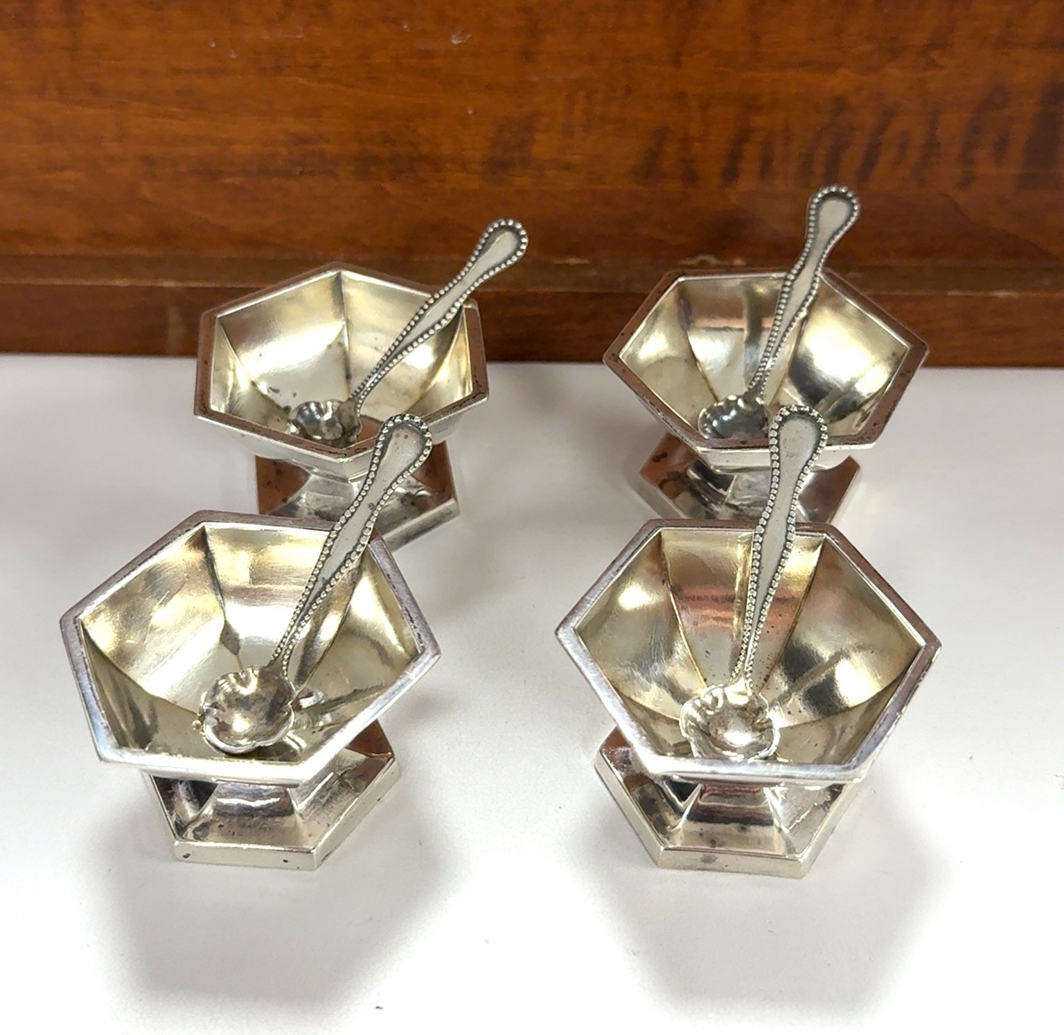 4 Webster 925 Sterling Silver Antique Octagonal Salt Cellars w/ Mini Spoons 54g