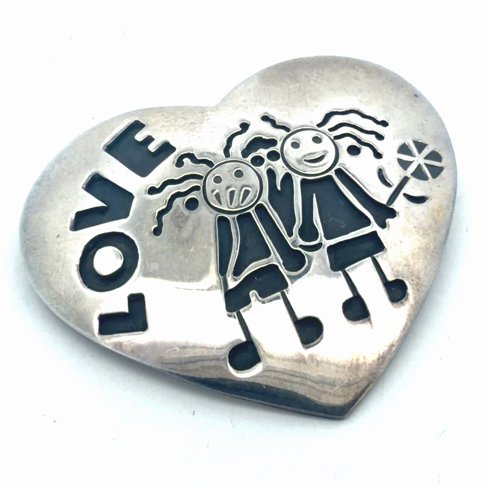Vintage 925 Sterling Silver Heart Love Children Flower Brooch Pin 10.7g