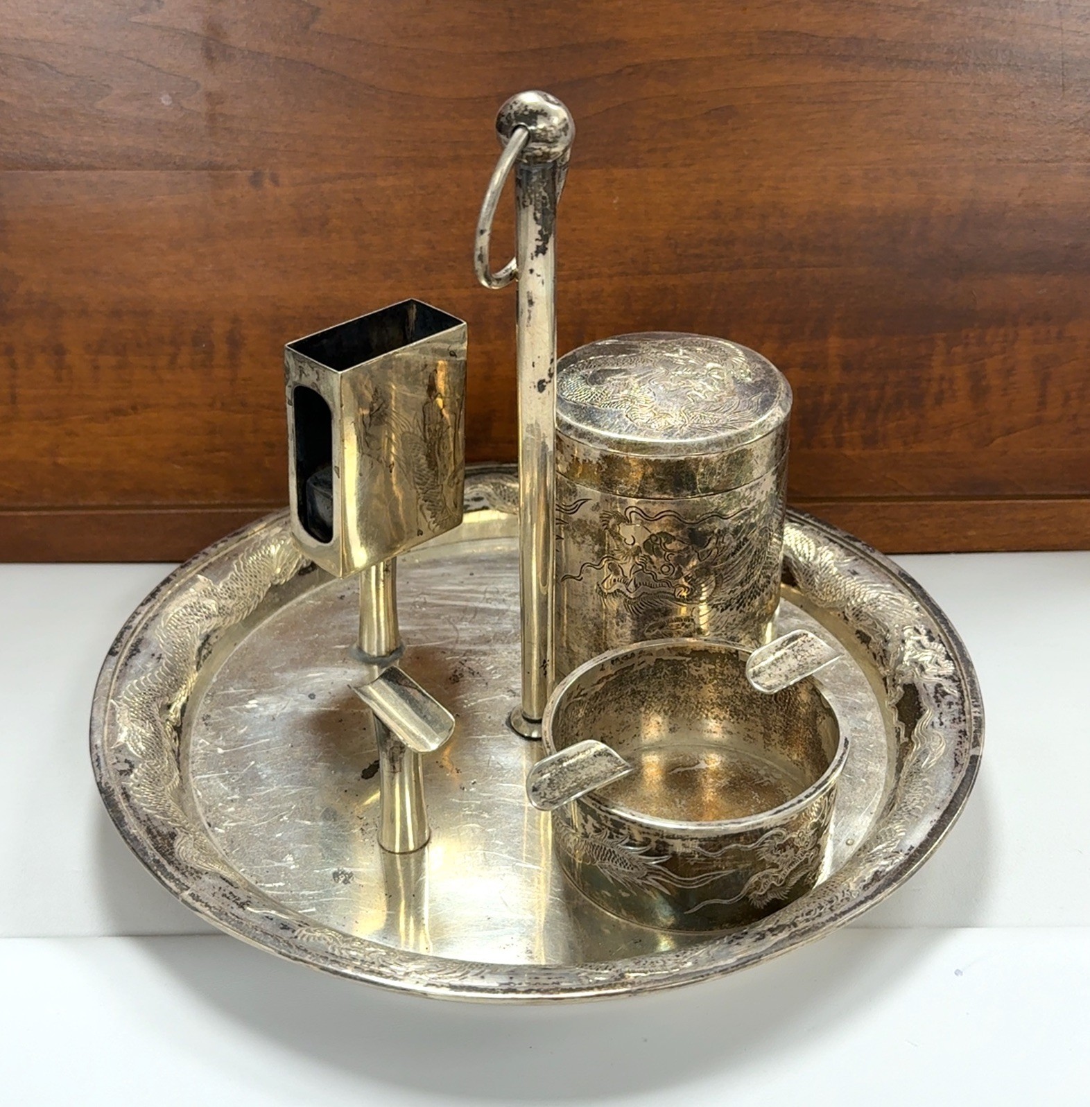 1890-1920 Antique Chibese Export Silver Dragon Smoking Set - 582g Total