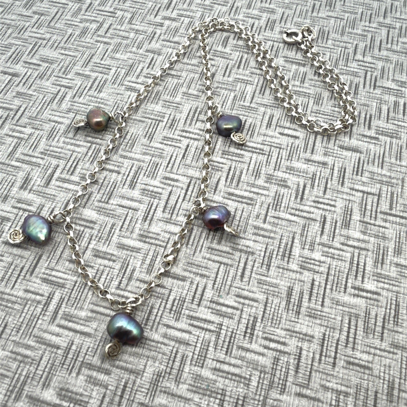 16” India 925 Silver Sterling Pearl & Swirl Dangle Necklace 4.4g